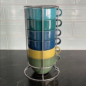 Colorful Stacked Coffee Mugs with Stand